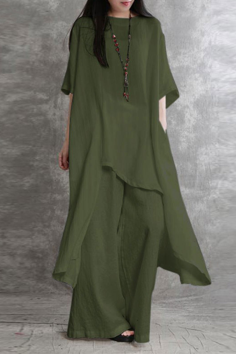 Kaynafashions - Casual Solid Pocket Asymmetrical O Neck Two Pieces