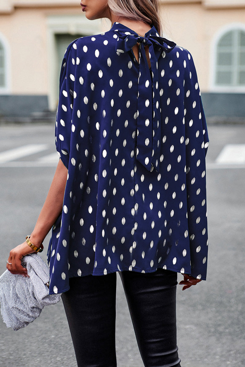 Kaynafashions - British Style Elegant Polka Dot Bandage Mandarin Collar Tops