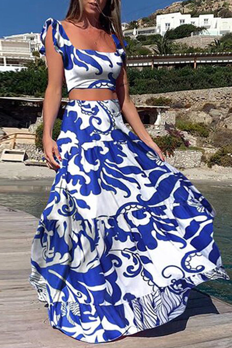 Kaynafashions - Bohemian Vacation Print Patchwork Square Collar Sleeveless Two Pieces(9 Colors)