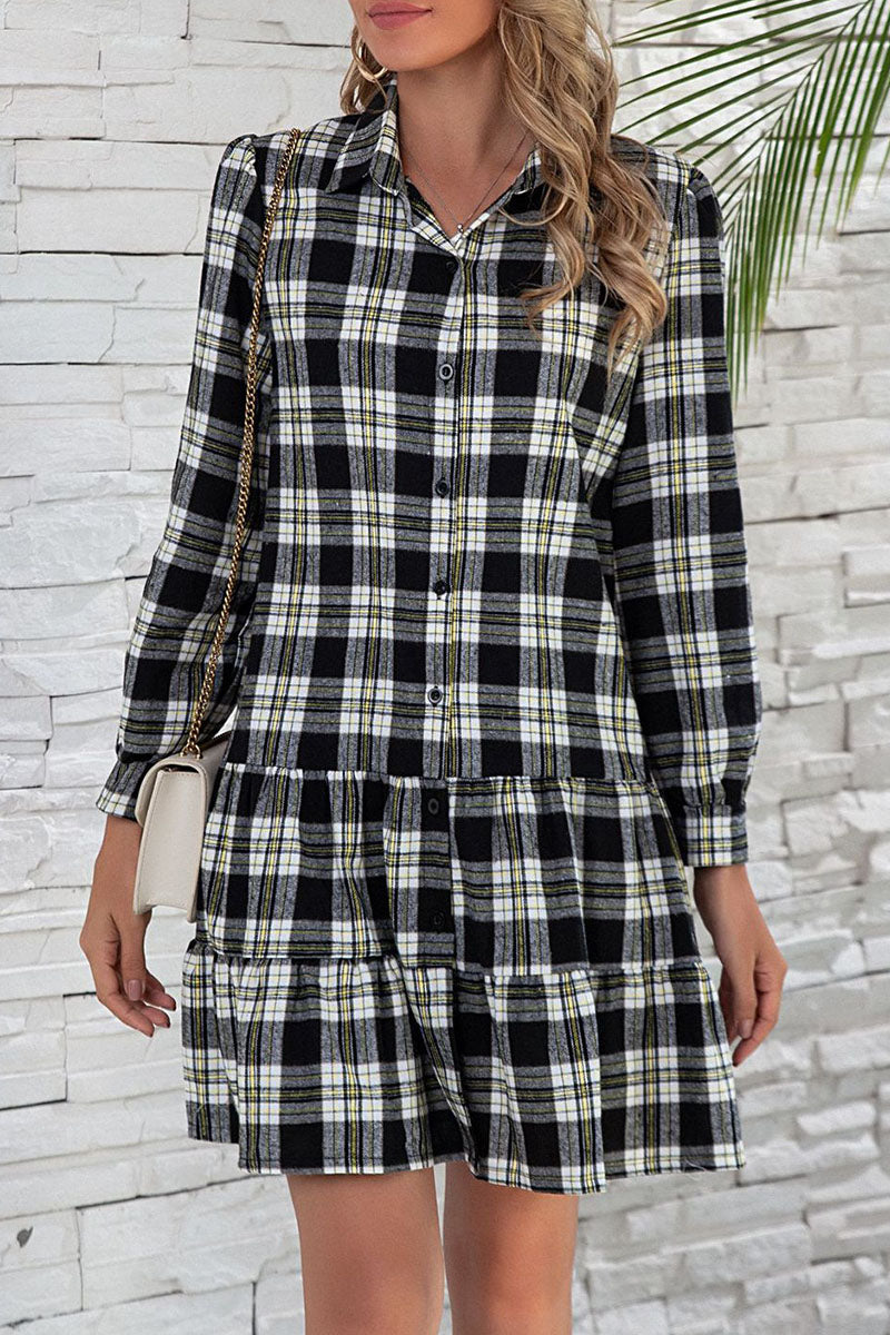 Kaynafashions - British Style Plaid Print Patchwork Turndown Collar Dresses(3 colors)