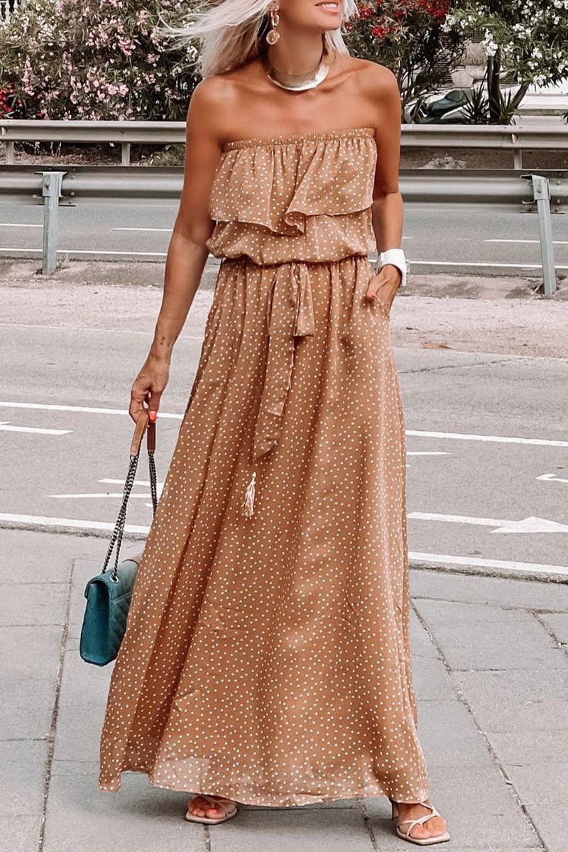 Kaynafashions - Bohemian Vacation Polka Dot Frenulum Strapless Pleated Dresses