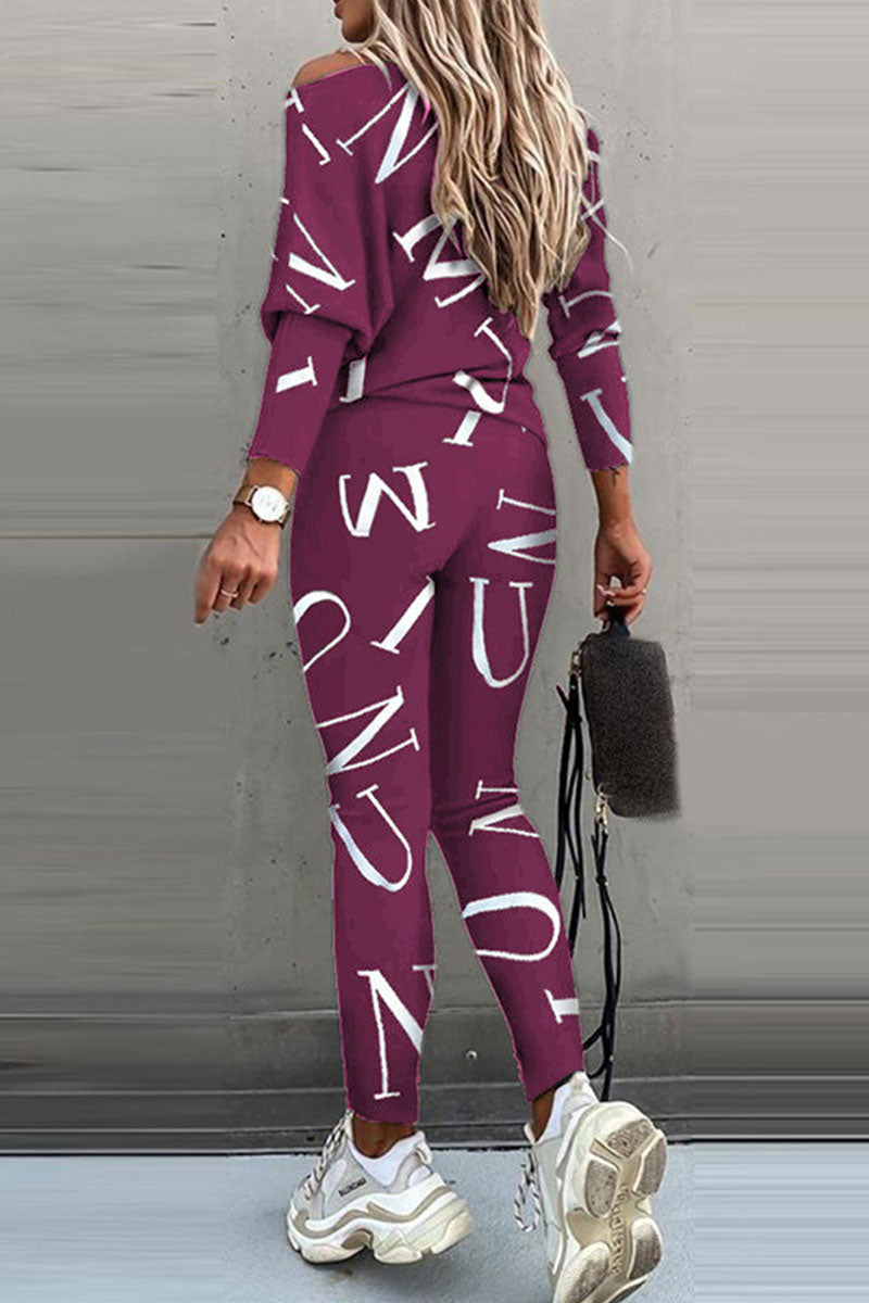 Kaynafashions - Fashion Casual Letter Oblique Collar Long Sleeve Two Pieces
