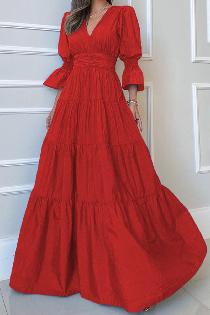 Kaynafashions - Elegant Solid Fold V Neck A Line Dresses