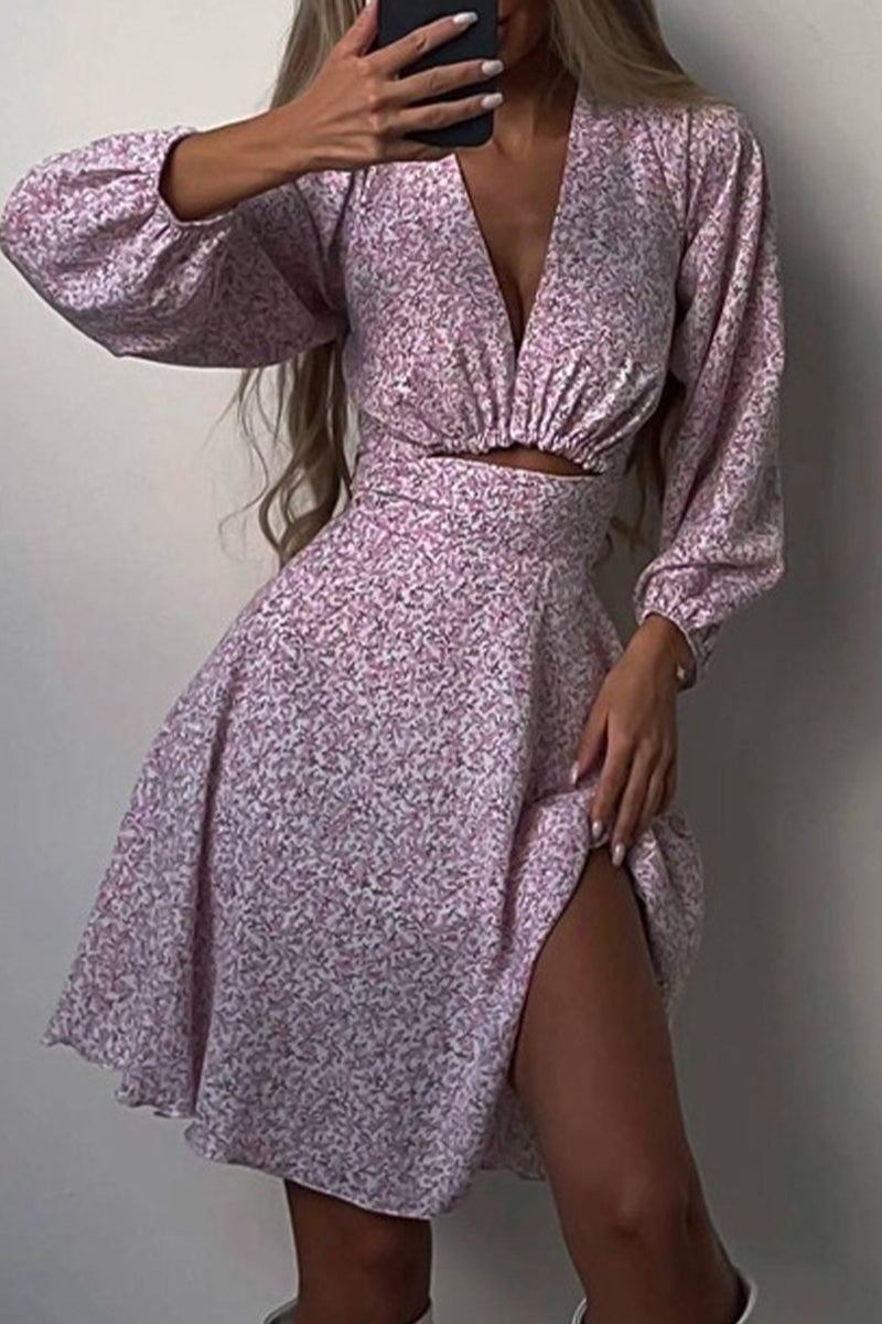 Kaynafashions - Elegant Floral Hollowed Out V Neck A Line Dresses