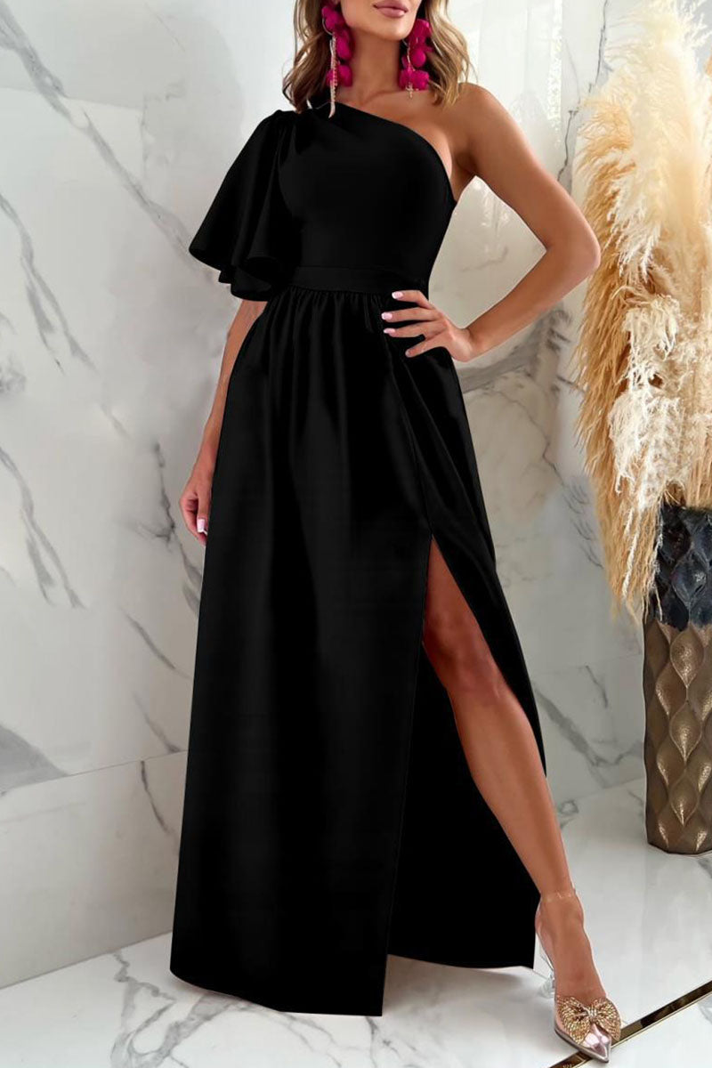 Kaynafashions - Sexy Elegant Solid Patchwork Slit Oblique Collar Straight Dresses(5 Colors)