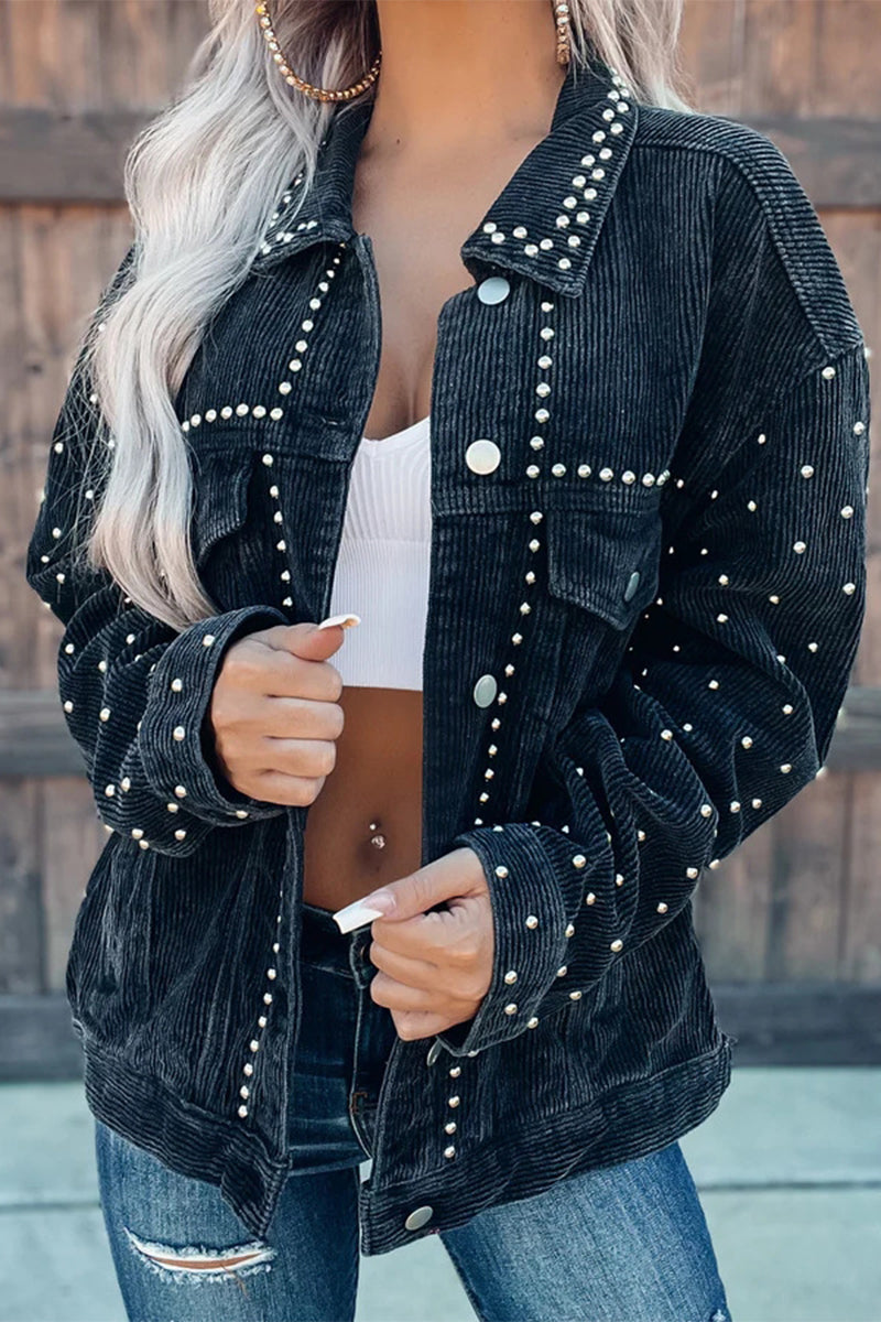 Kaynafashions - Casual Solid Rivets Turndown Collar Outerwear