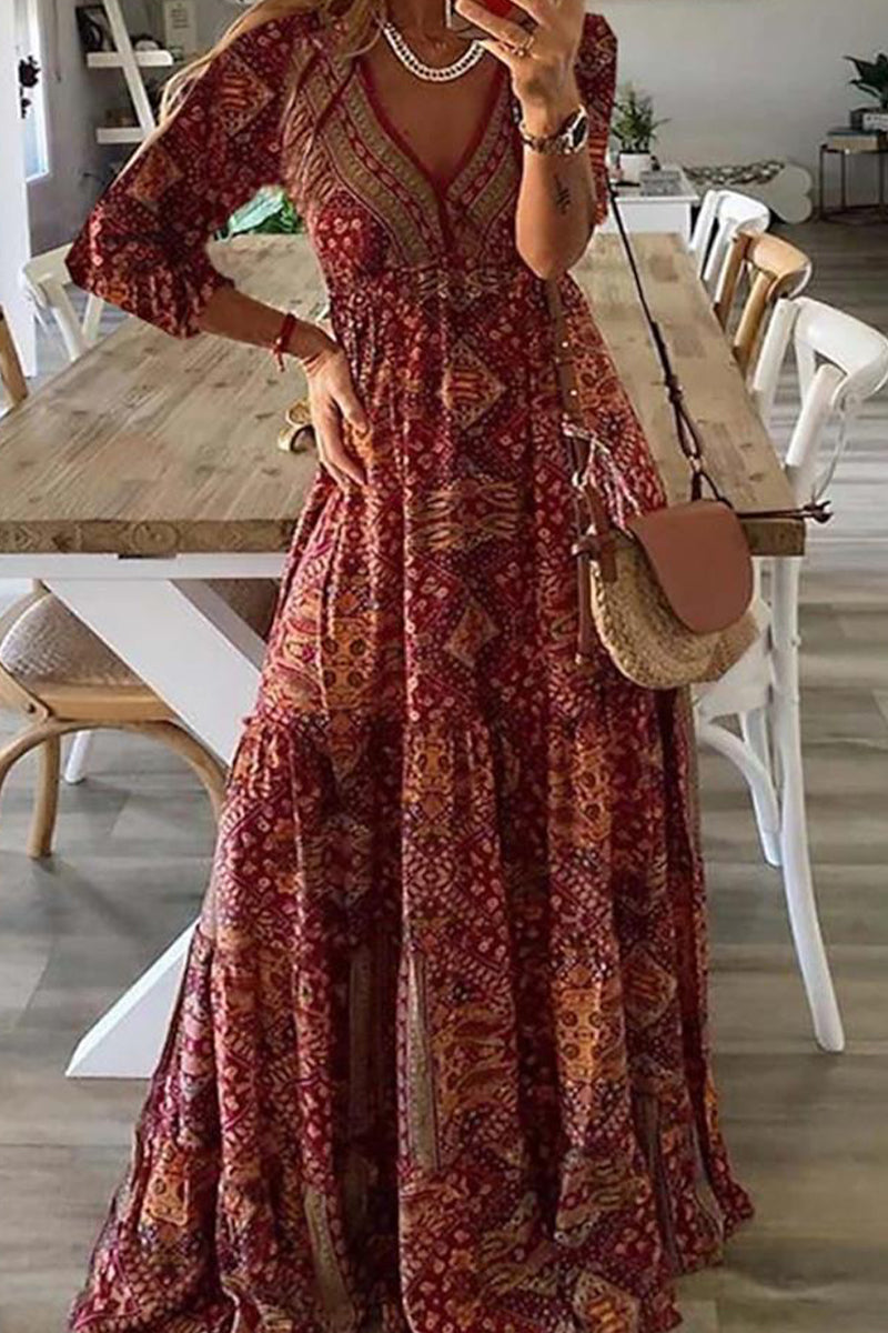 Kaynafashions - Elegant College Geometric Printing V Neck Long Sleeve Dresses