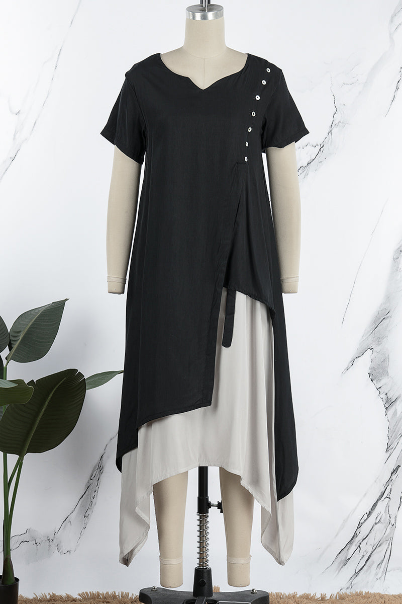 Kaynafashions - Casual College Solid Patchwork V Neck Irregular Dress Dresses(3 Colors)