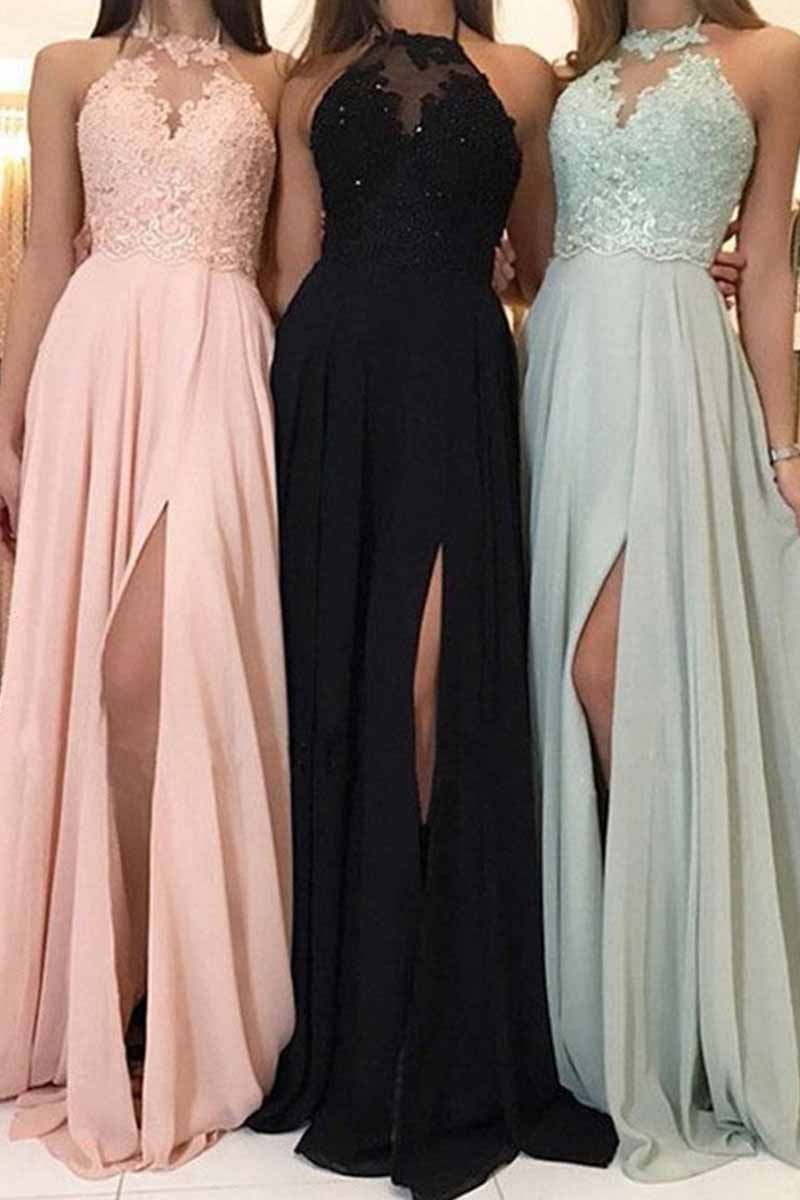 Kaynafashions - Elegant Solid Patchwork Slit Halter A Line Dresses