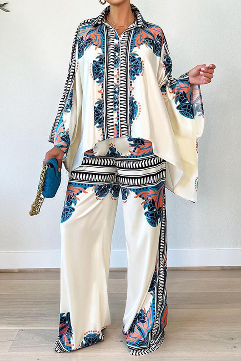 Kaynafashions - Elegant Print Patchwork Buckle Turndown Collar Long Sleeve Two Pieces