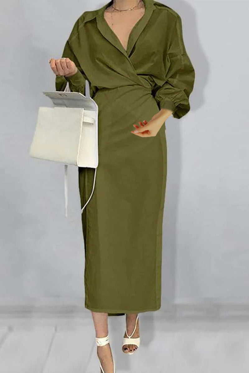 Kaynafashions - Elegant Solid Fold Turndown Collar Wrapped Skirt Dresses