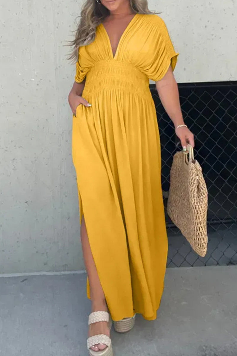 Kaynafashions - Casual Simplicity Solid Pocket V Neck A Line Short Sleeve Dress