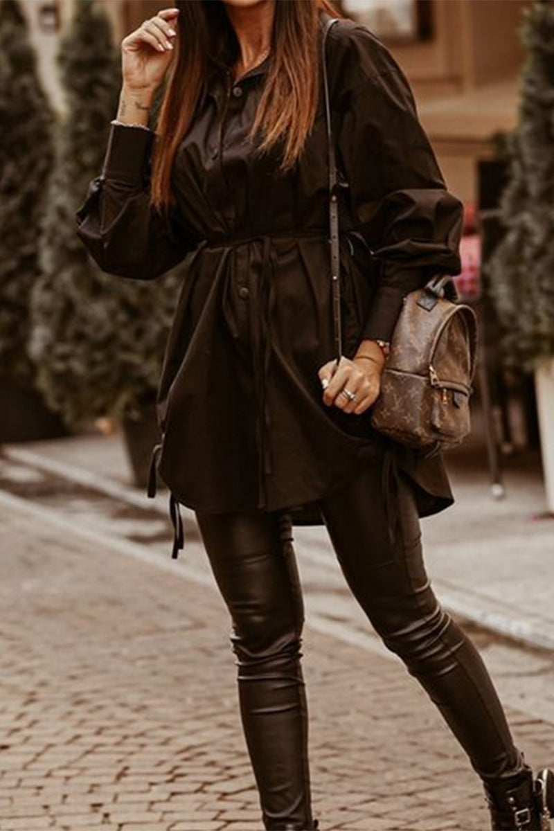 Kaynafashions - Casual Solid Draw String Turndown Collar Tops