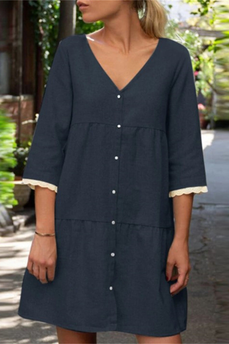 Kaynafashions - Casual Simplicity Solid Patchwork V Neck A Line Dresses