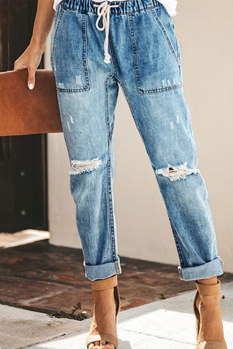 Kaynafashions - Street Solid Ripped Frenulum Straight Denim Jeans