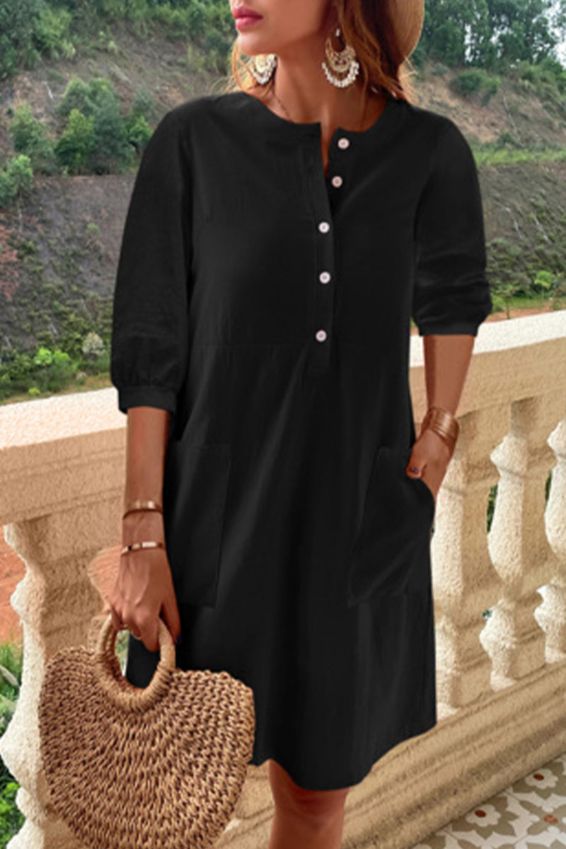 Kaynafashions - Casual Simplicity Solid Pocket Buckle O Neck A Line Dresses(4 Colors)