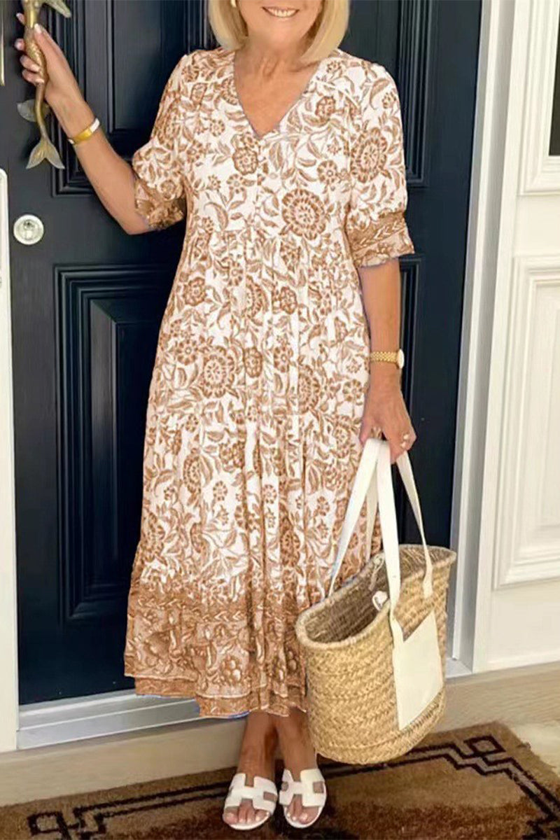 Kaynafashions - Elegant Vacation Tie Dye Patchwork V Neck Printed Dress Dresses
