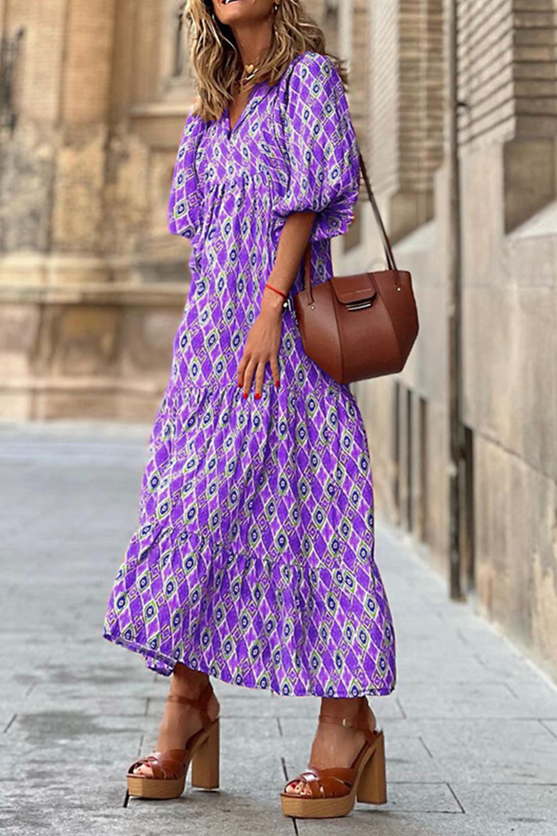 Kaynafashions - Casual Print Patchwork V Neck Straight Dresses(3 colors)