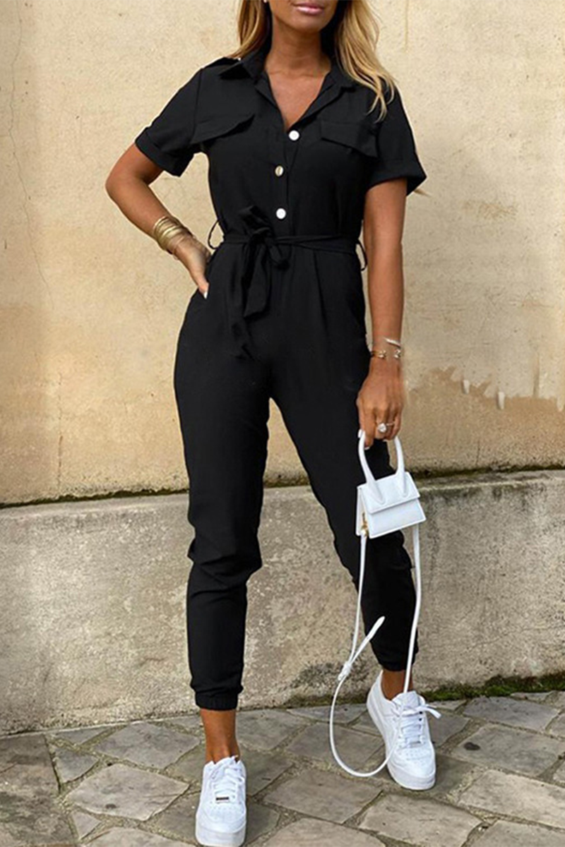 Kaynafashions - Casual Daily Solid Frenulum With Belt Turndown Collar Regular Jumpsuits(10 Colors)