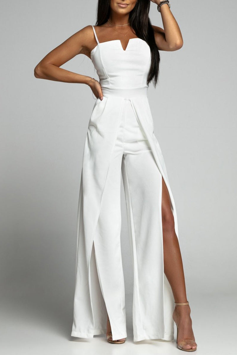 Kaynafashions - Celebrities Simplicity Solid Slit Solid Color Square Collar Regular Jumpsuits(6 Colors)