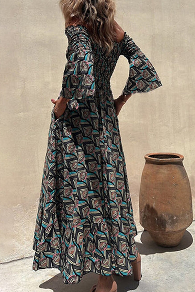 Kaynafashions - Elegant Print Patchwork Off the Shoulder Irregular Dress Dresses
