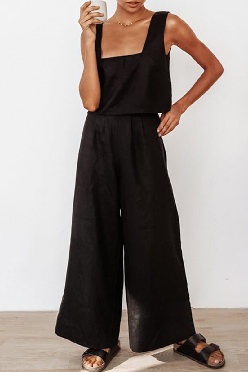 Kaynafashions - Casual Solid With Belt Bright Silk Square Collar Sleeveless Two Pieces