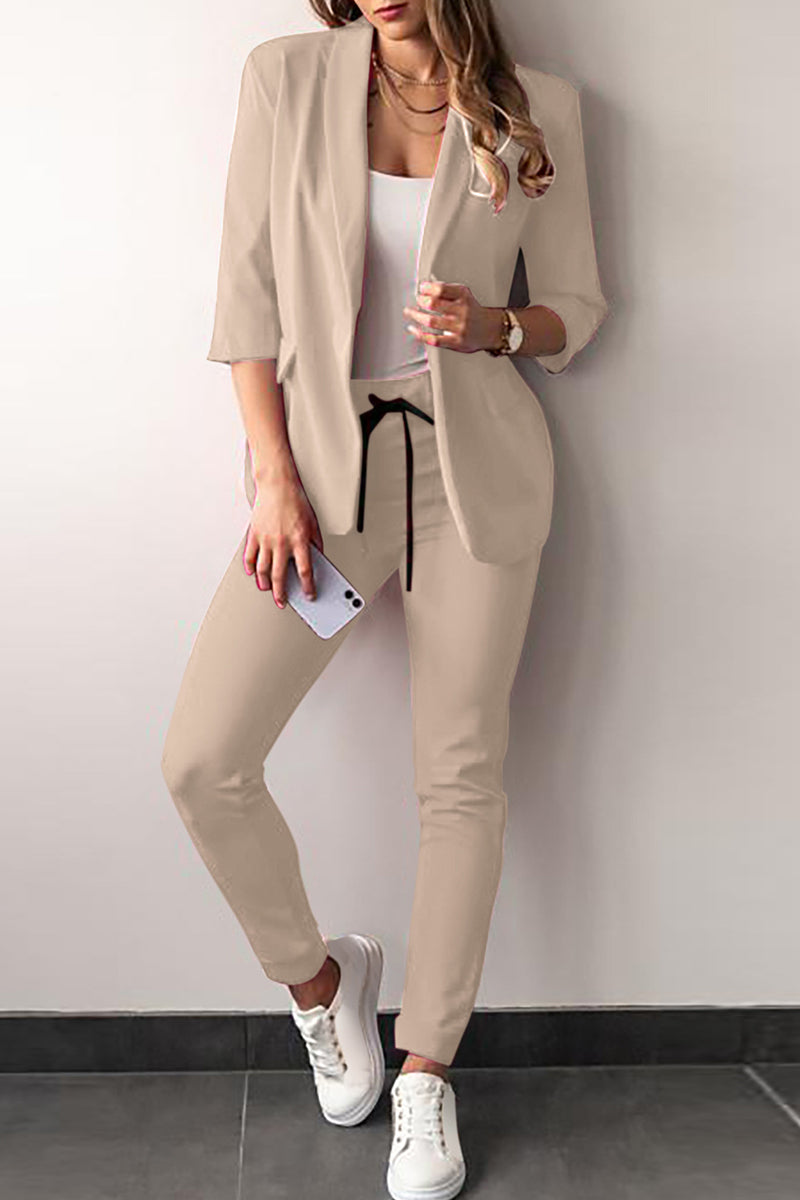 Kaynafashions - Casual Solid Frenulum Turn-back Collar Three Quarter Two Pieces