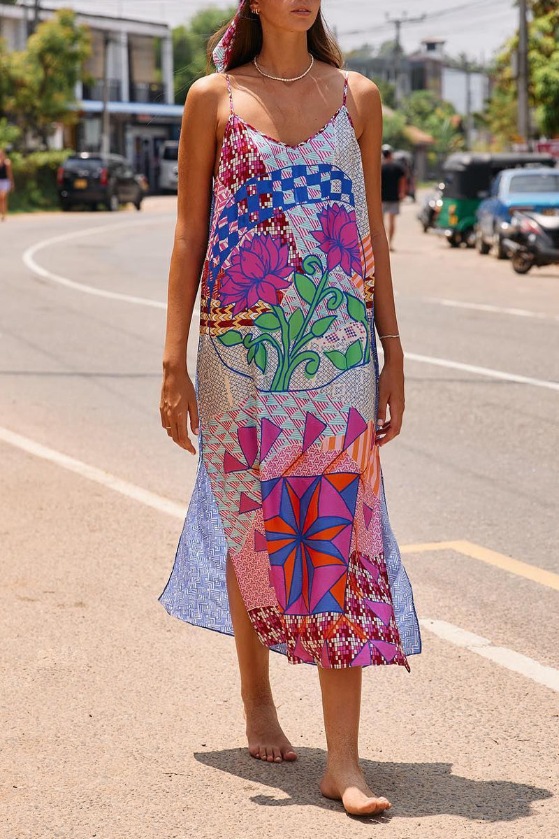 Kaynafashions - Casual Print Contrast V Neck Sling Dress Dresses