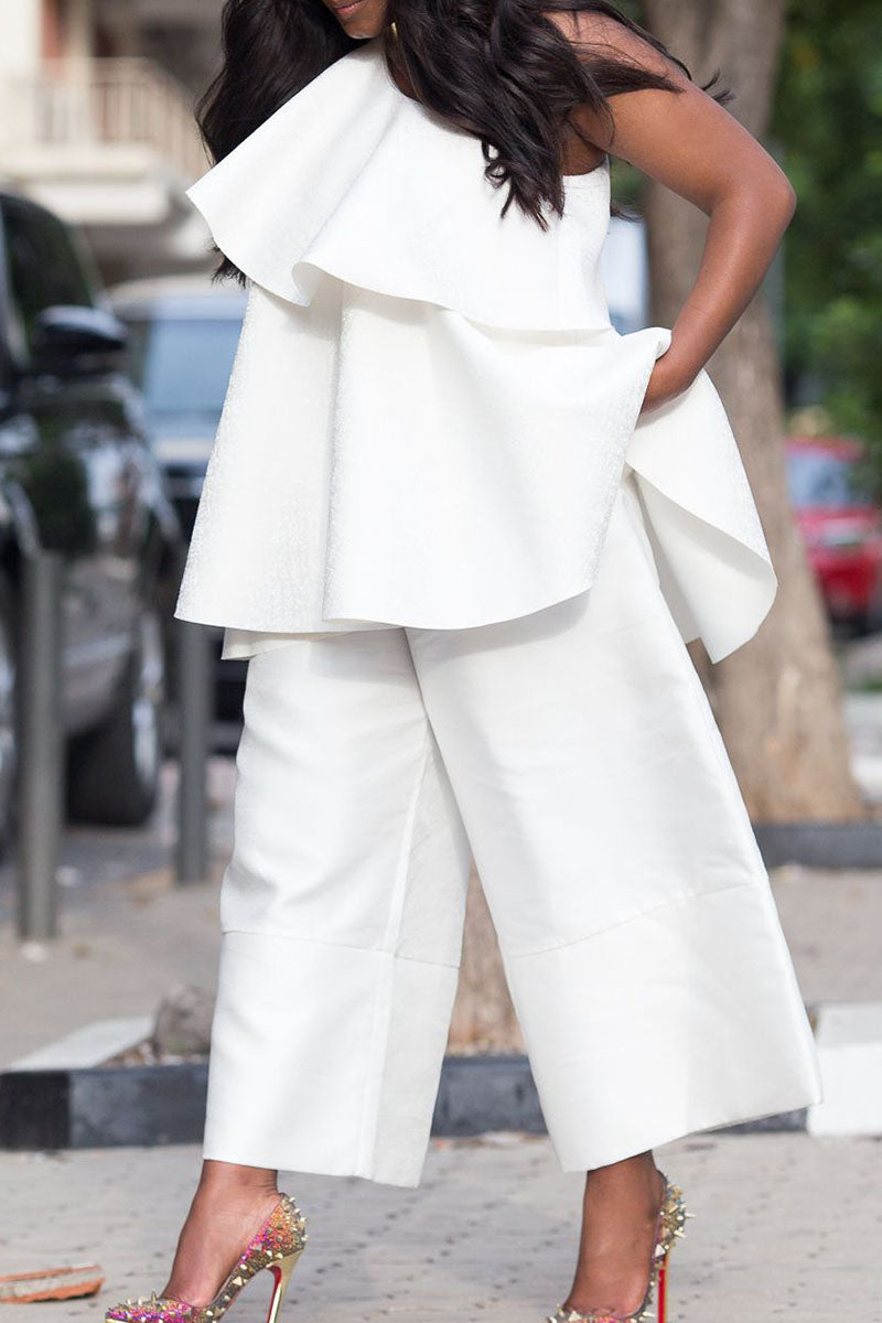 Kaynafashions - Casual Solid Patchwork Flounce Oblique Collar Sleeveless Two Pieces