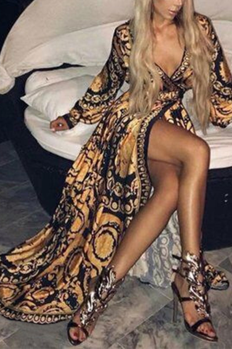 Kaynafashions - Bohemian Print Patchwork With Belt V Neck Printed Dress Dresses