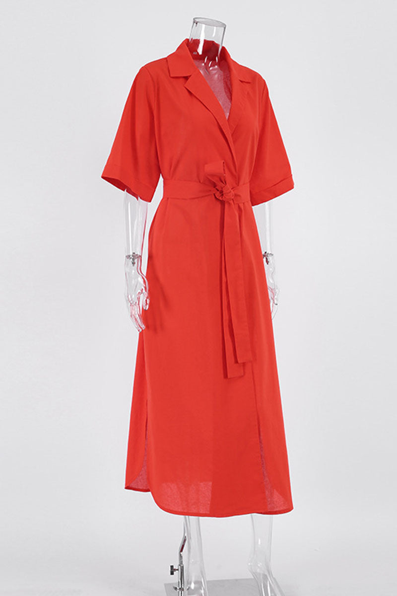 Kaynafashions - Casual Solid Bandage Patchwork Turn-back Collar Straight Dresses