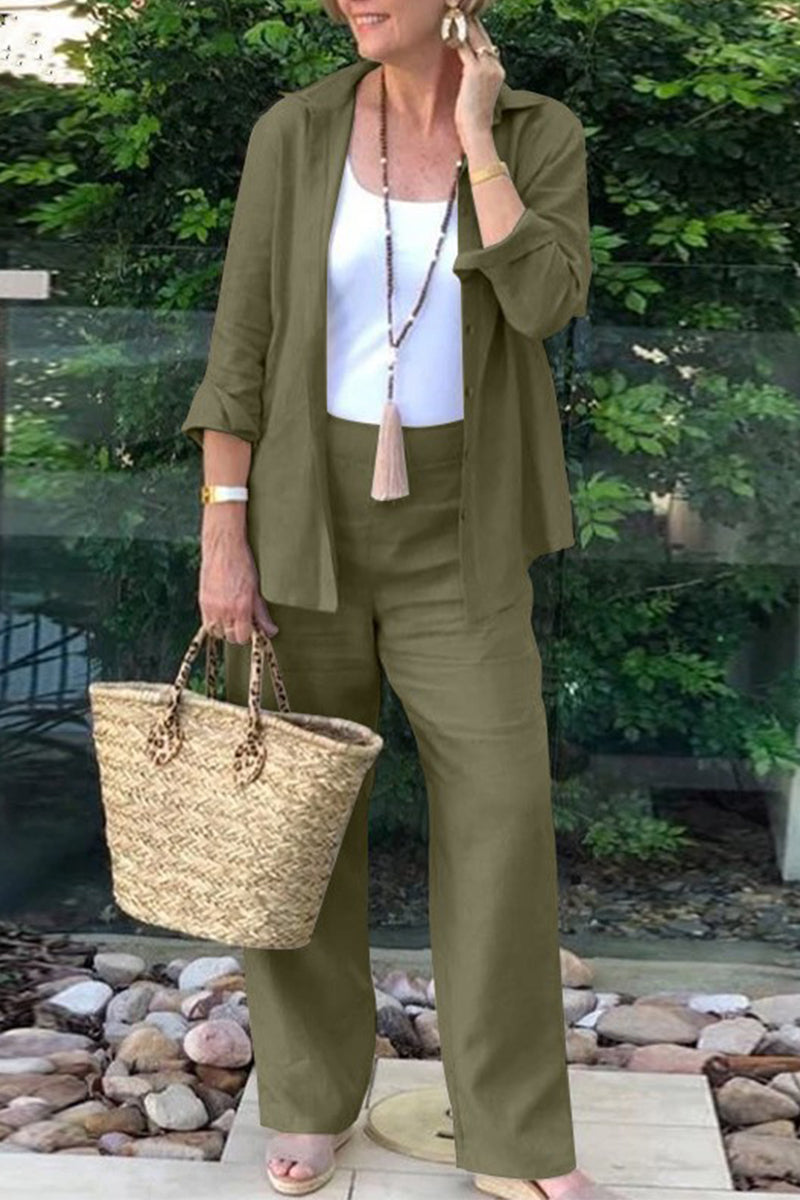 Kaynafashions - Casual Daily Solid Turndown Collar Long Sleeve Two Pieces