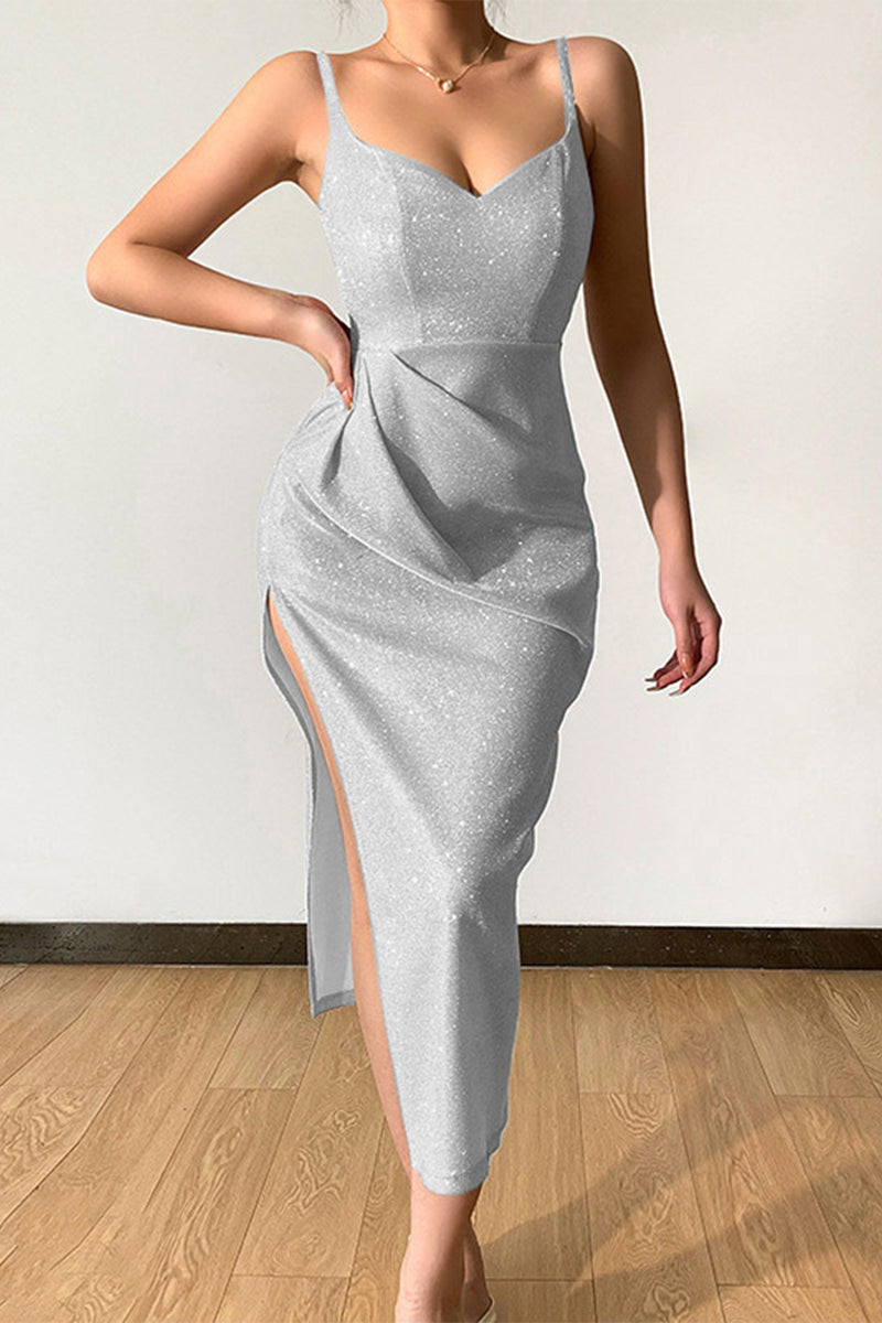 Kaynafashions - Sexy Elegant Solid Sequins Sequined V Neck Sling Dress Dresses(8 Colors)