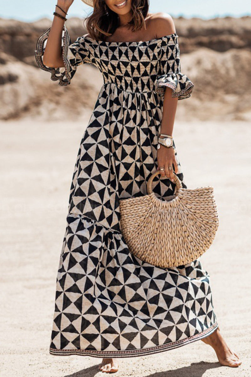 Kaynafashions - Elegant College Print Flounce Off the Shoulder Printed Dress Dresses