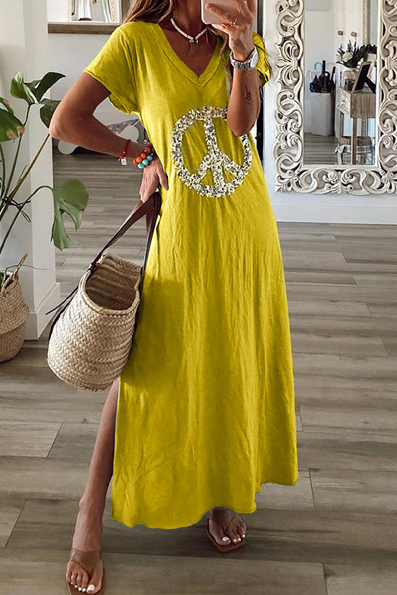 Kaynafashions - Sexy Solid Sequins Patchwork Slit V Neck Straight Dresses