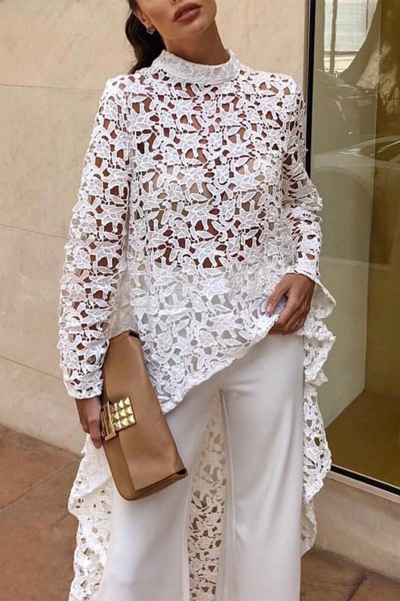 Kaynafashions - Sexy Solid Lace Hollowed Out Asymmetrical Half A Turtleneck Lace Dress Dresses