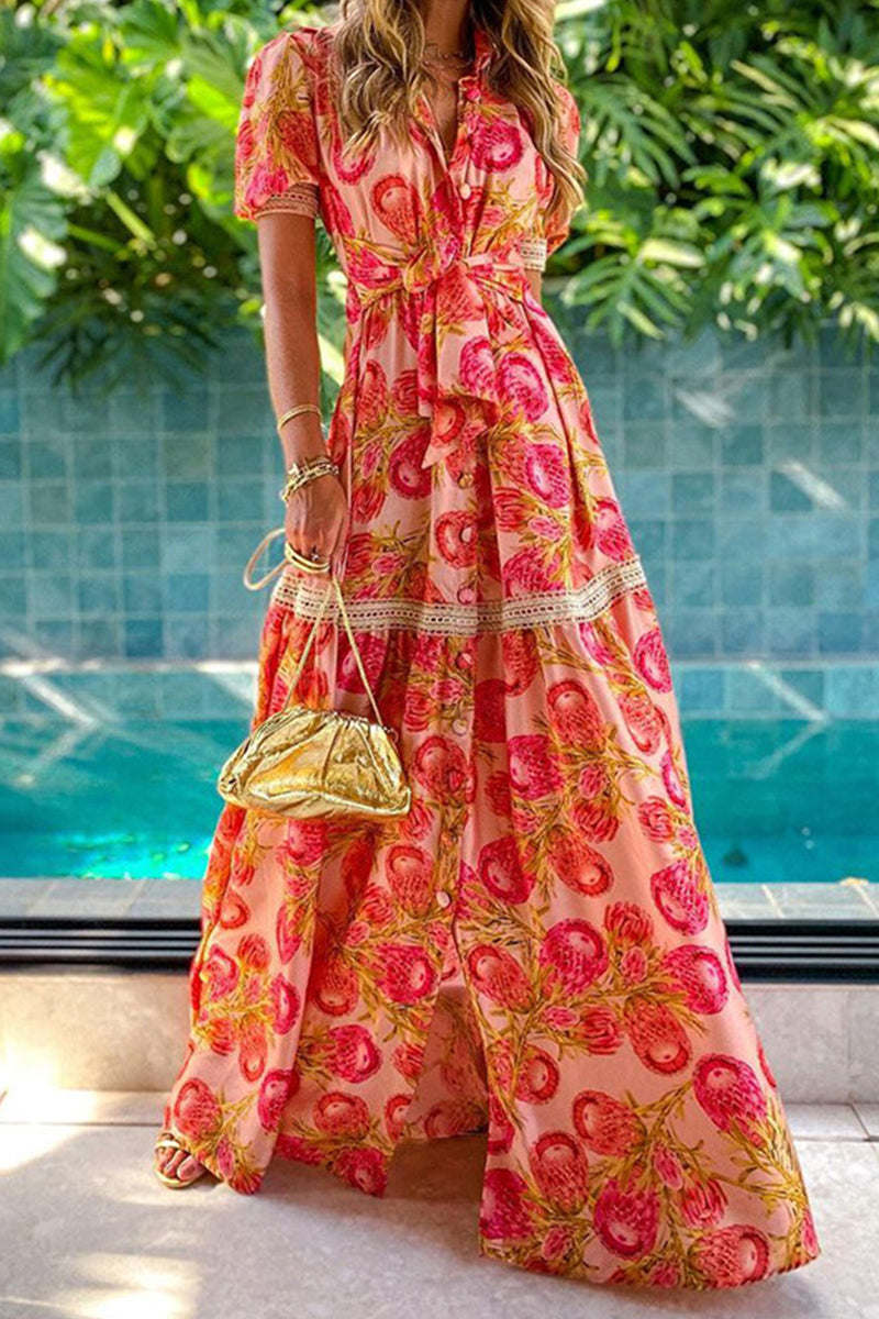 Kaynafashions - Sweet Elegant Print Frenulum Turndown Collar Irregular Dress Dresses