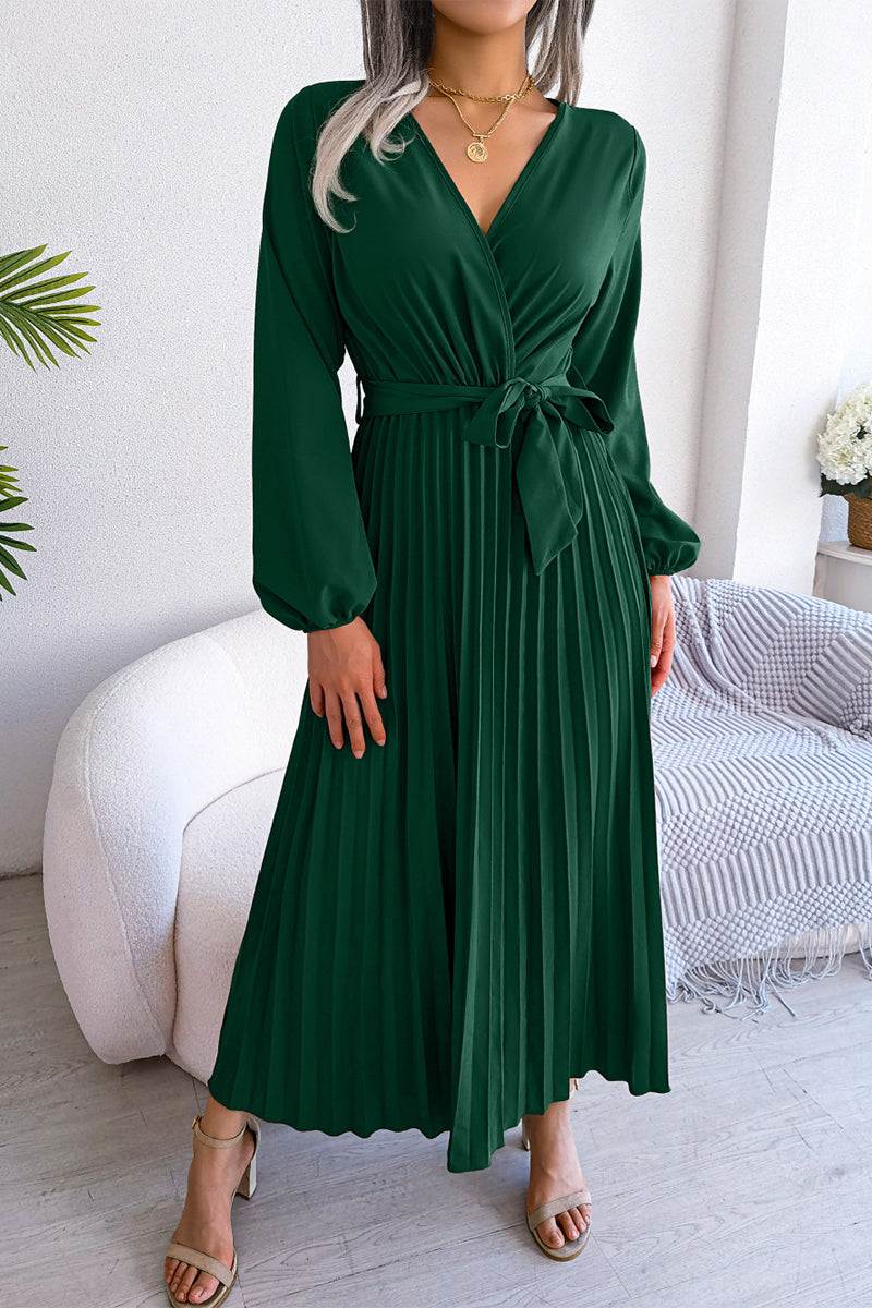 Kaynafashions - Elegant Solid Frenulum Fold V Neck Pleated Dresses(5 Colors)