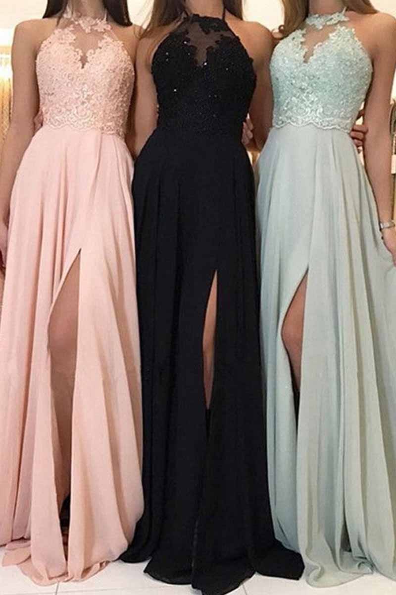 Kaynafashions - Elegant Solid Patchwork Slit Halter A Line Dresses