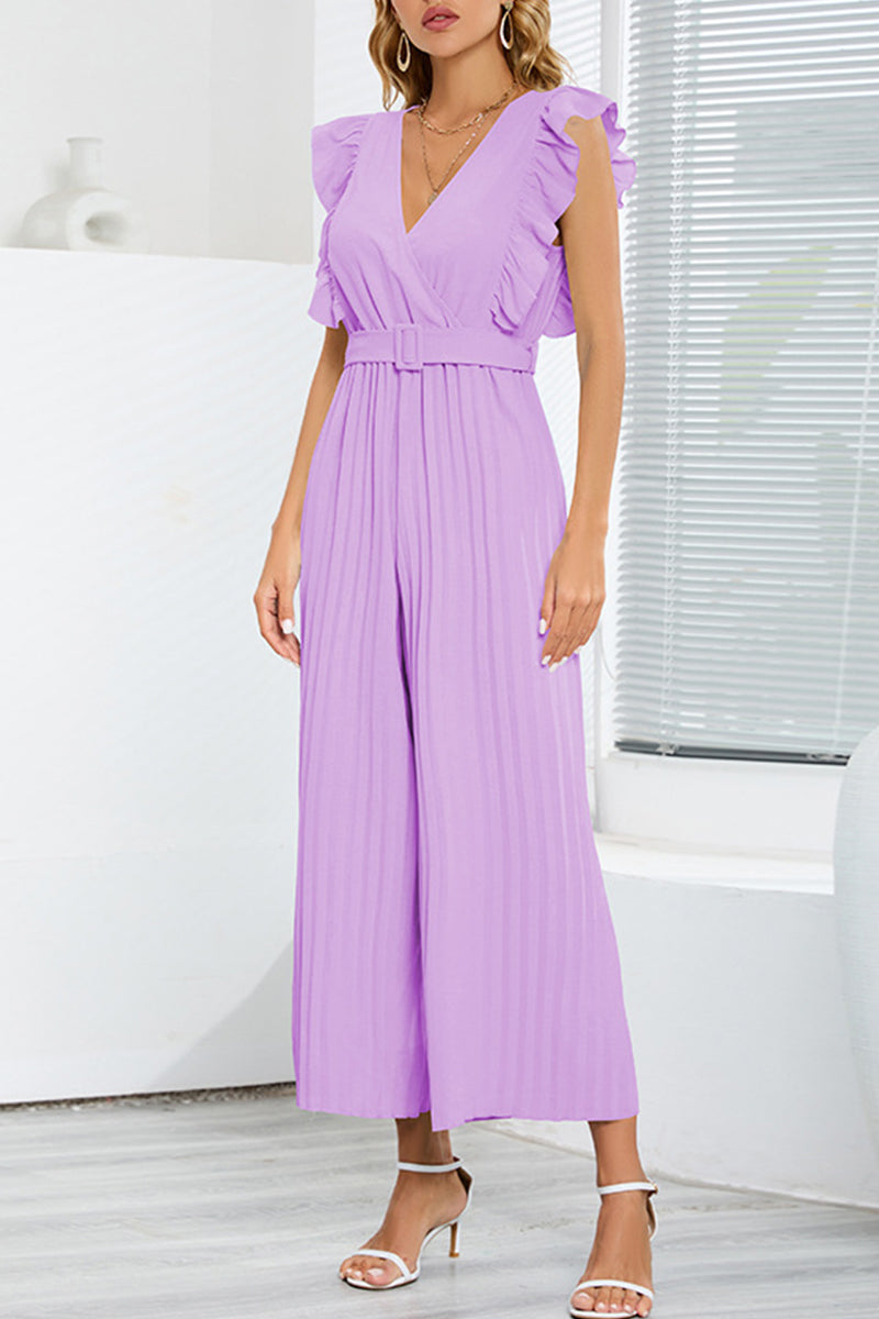 Kaynafashions - Casual Simplicity Solid With Belt V Neck Regular Jumpsuits