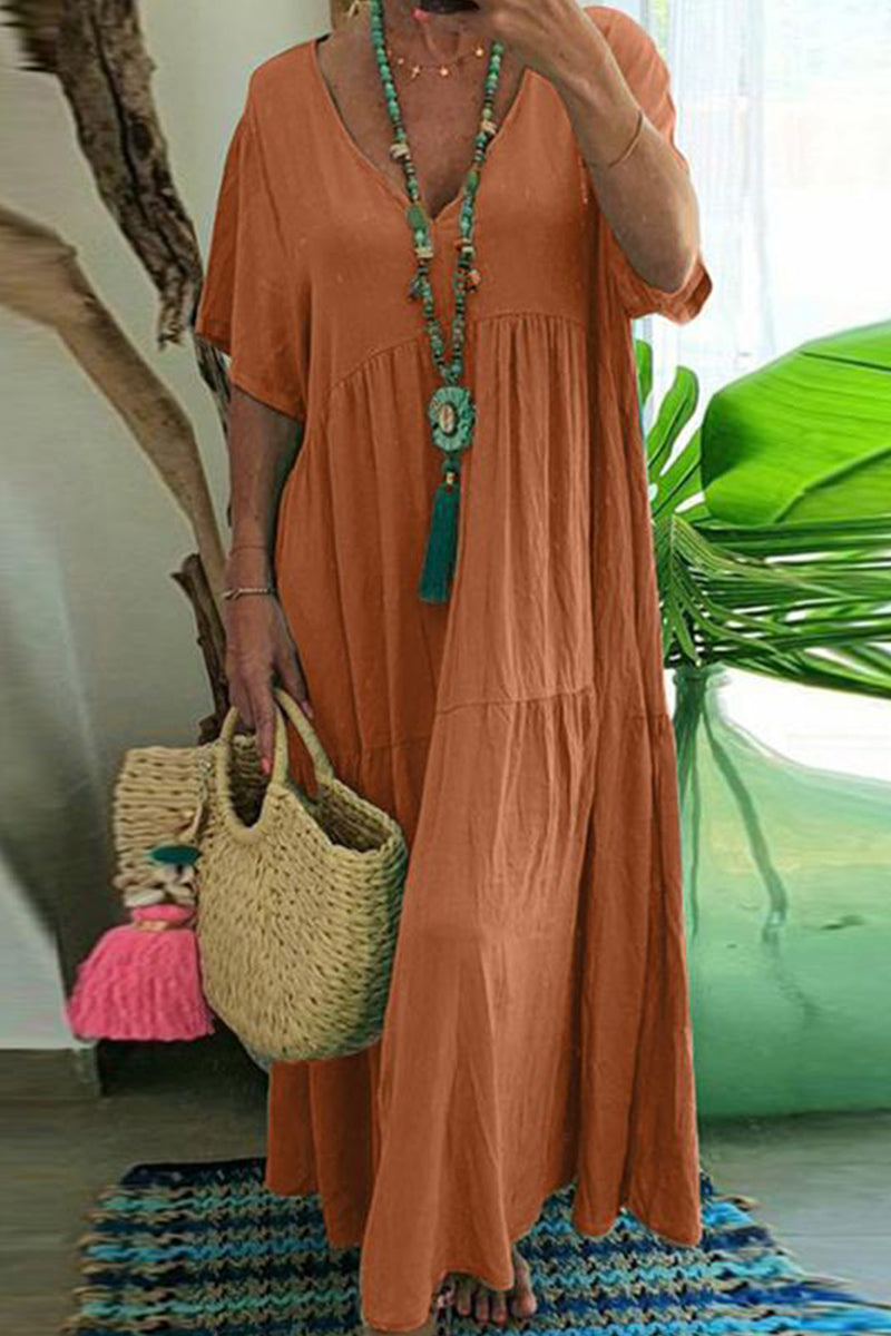 Kaynafashions - Plus Size Casual College Solid Asymmetrical V Neck Short Sleeve Dress(4 Colors)
