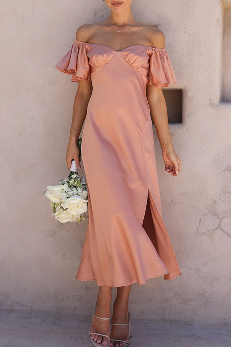 Kaynafashions - Sexy Celebrities Solid Slit Off the Shoulder Pleated Dresses