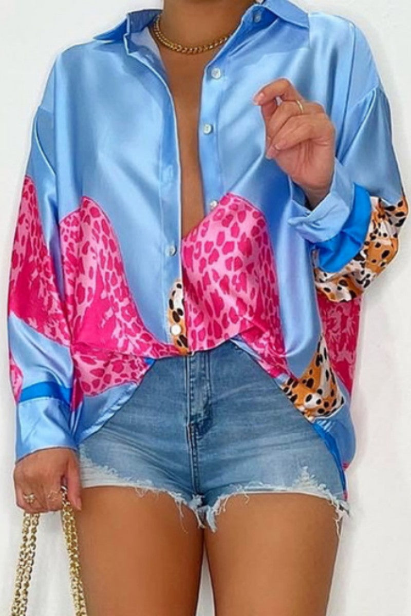 Kaynafashions - Casual Print Patchwork Turndown Collar Tops