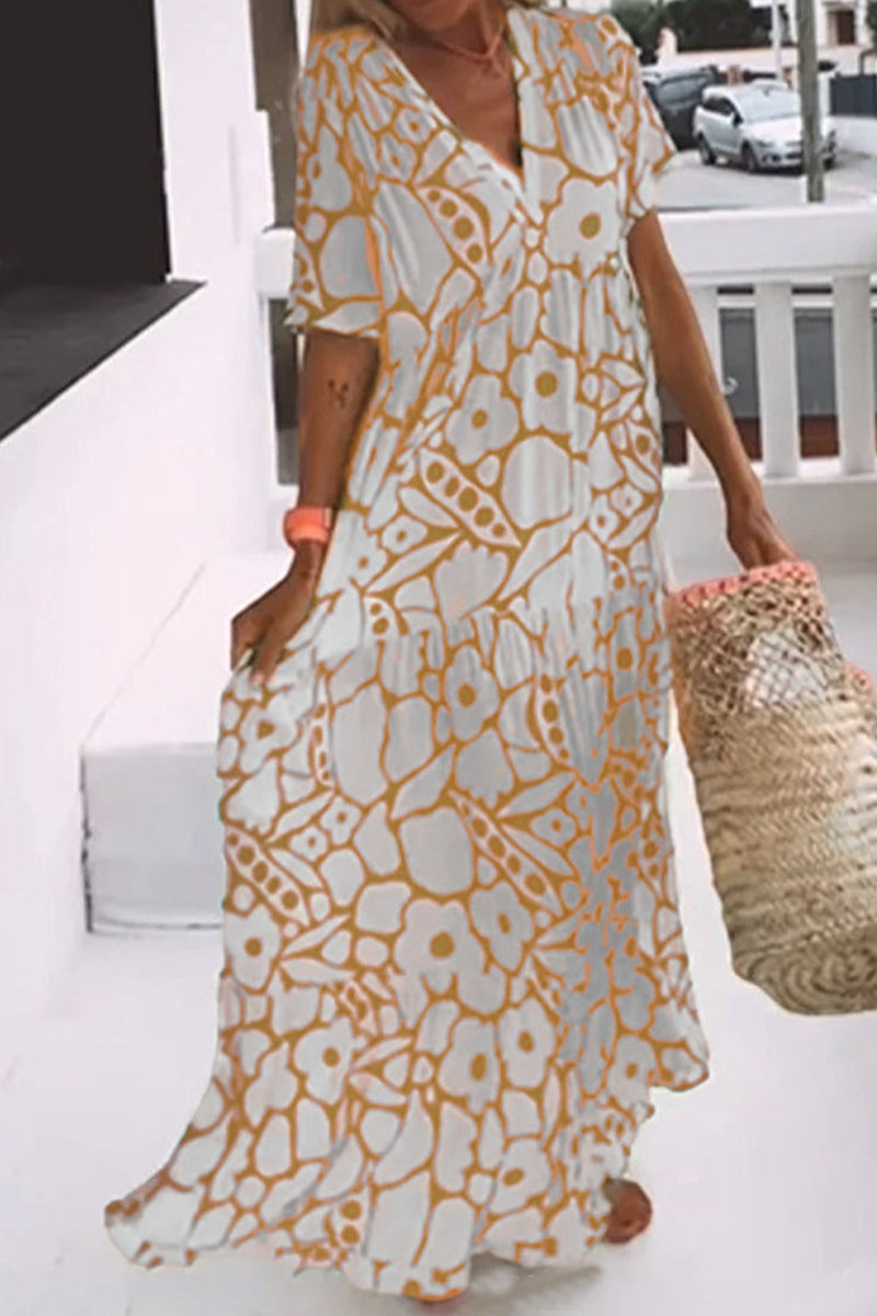 Kaynafashions - Elegant Geometric Printing V Neck A Line Dresses