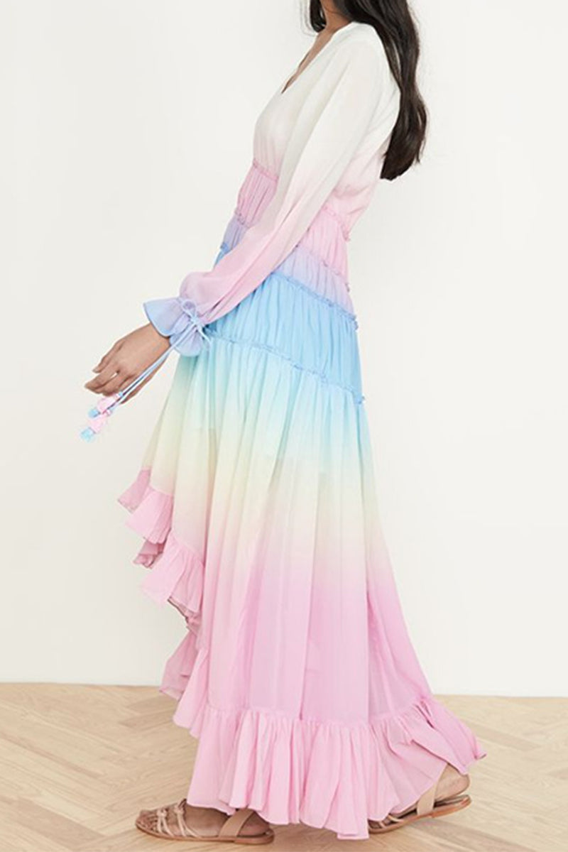 Kaynafashions - Elegant Gradual Change Patchwork Frenulum V Neck Printed Dress Dresses(3 Colors)