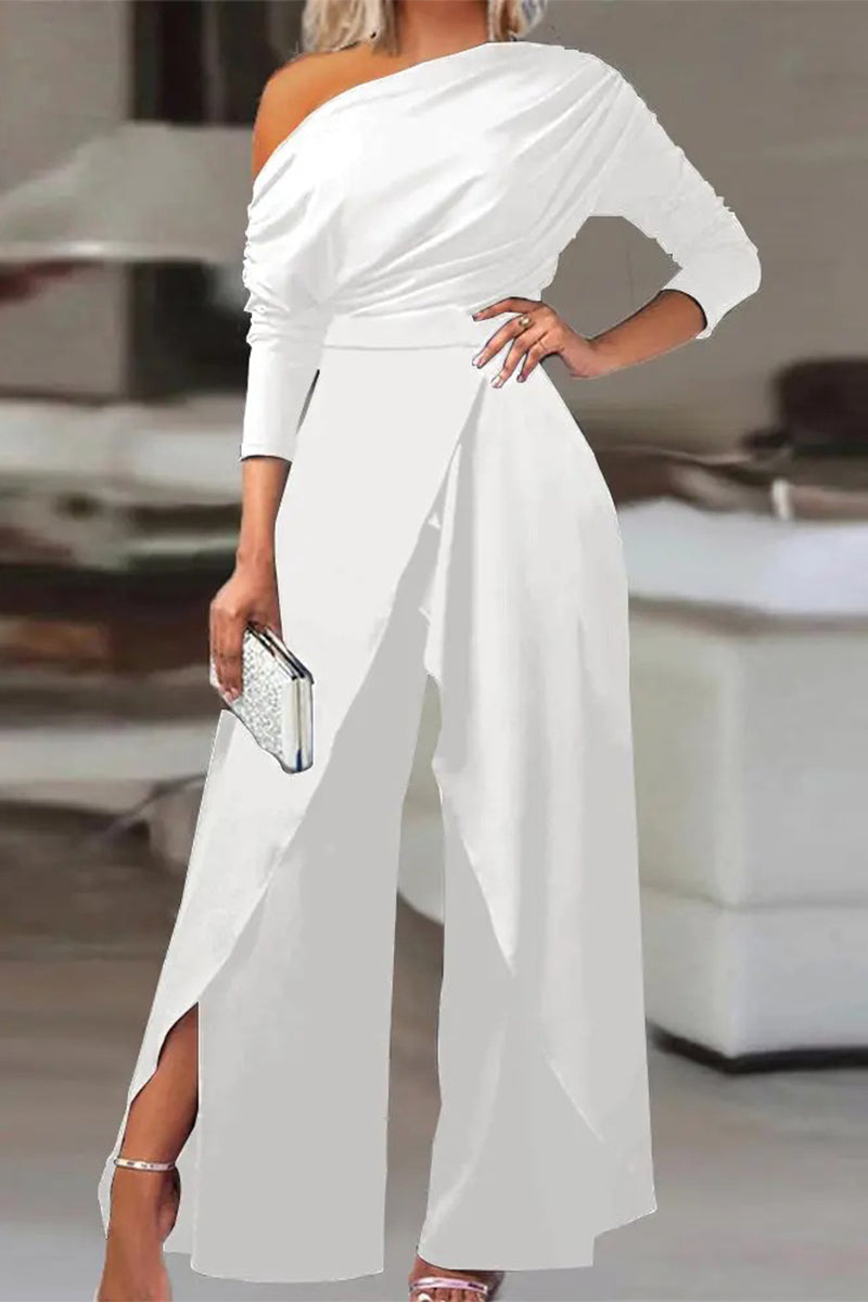 Kaynafashions - British Style Solid Backless Asymmetrical Oblique Collar Regular Jumpsuits(3 Colors)