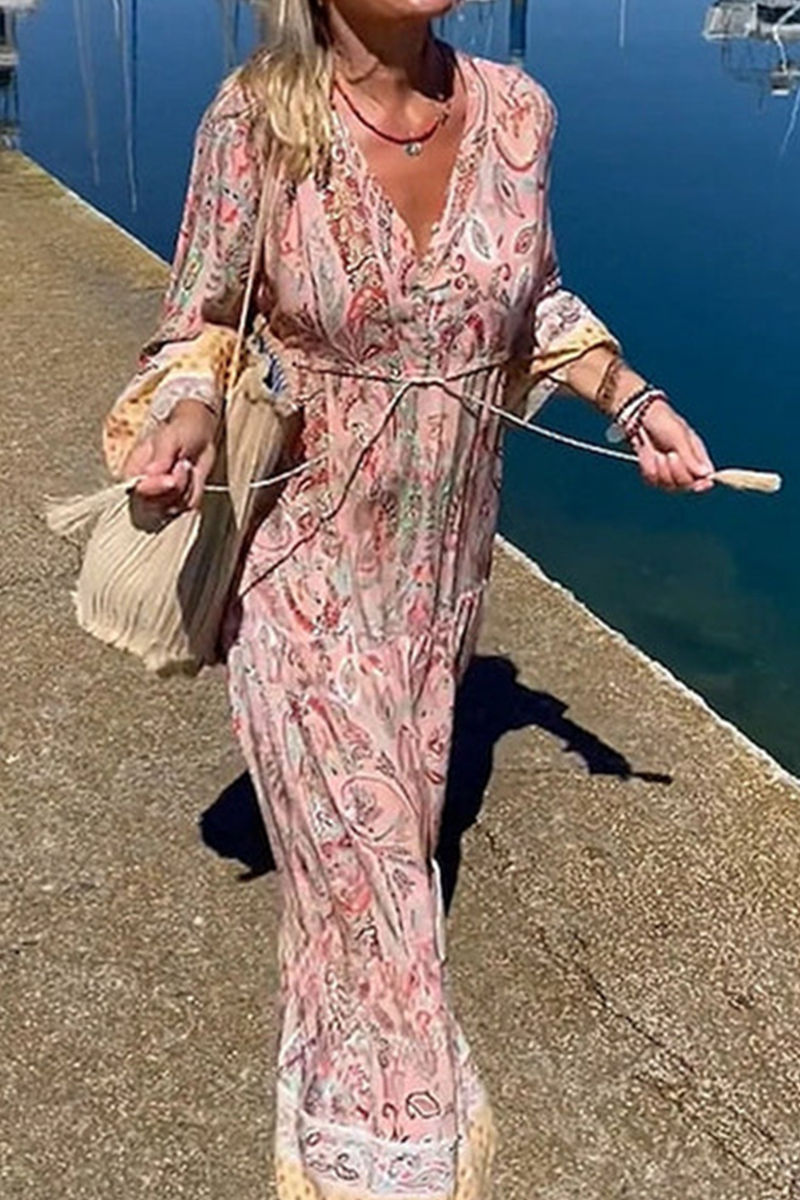 Kaynafashions - Bohemian Elegant Floral Patchwork V Neck A Line Dresses