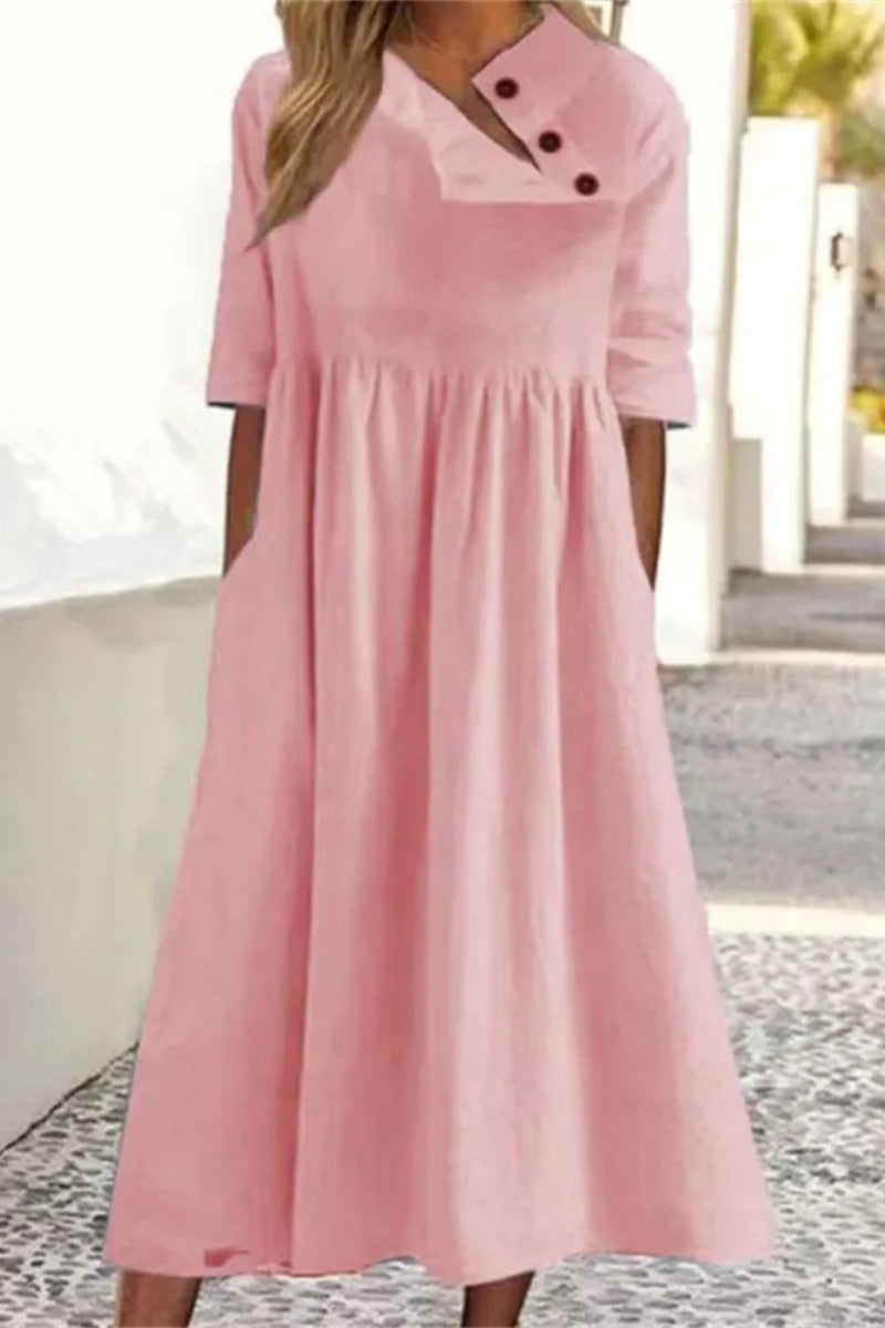 Kaynafashions - Casual Solid Pocket Buckle Oblique Collar A Line Dresses