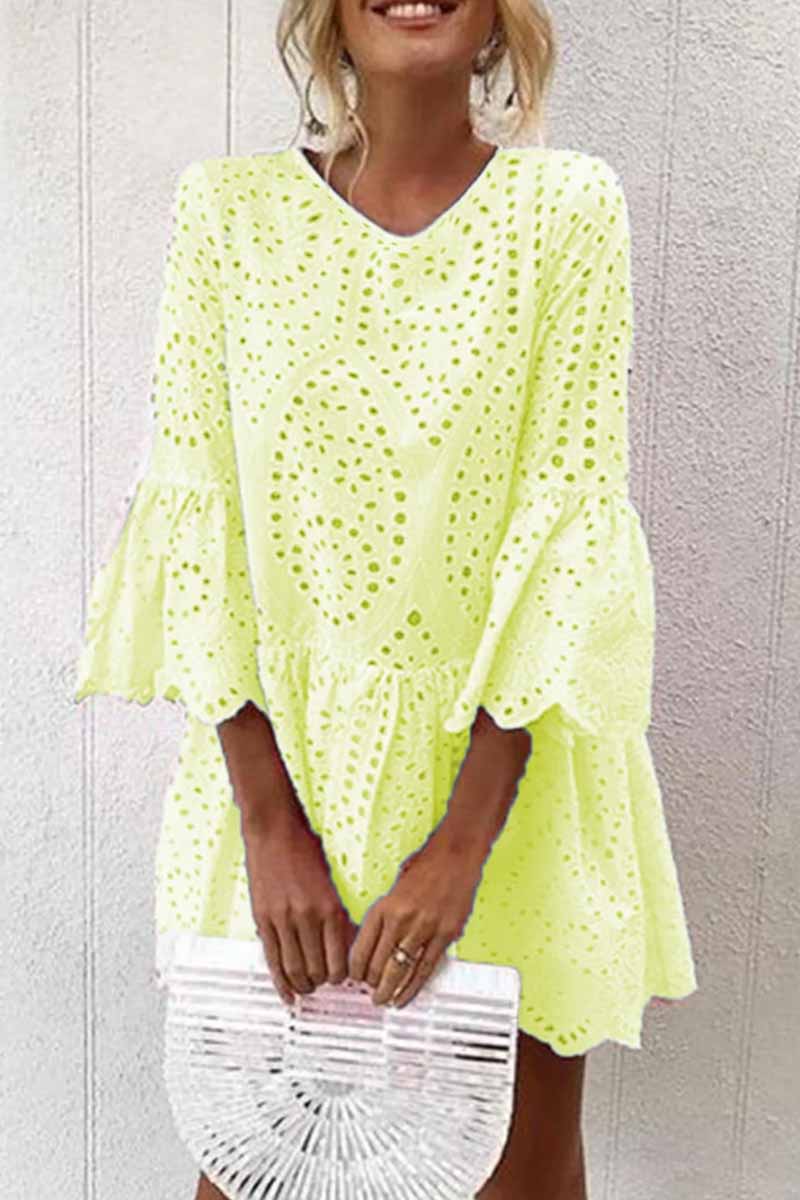 Kaynafashions - Street Solid Flounce V Neck A Line Dresses(4 Colors)