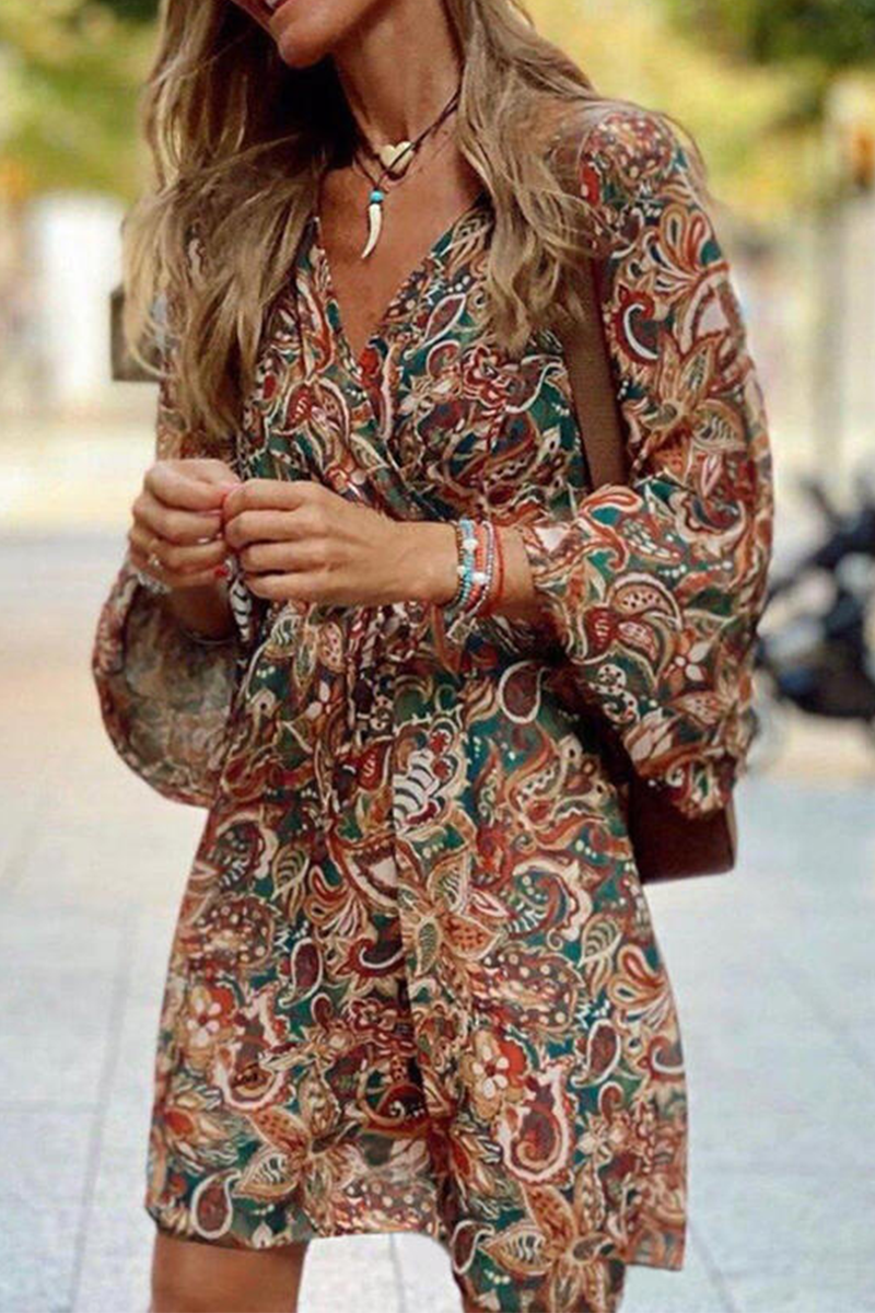 Kaynafashions - Casual Print Patchwork V Neck Cake Skirt Dresses